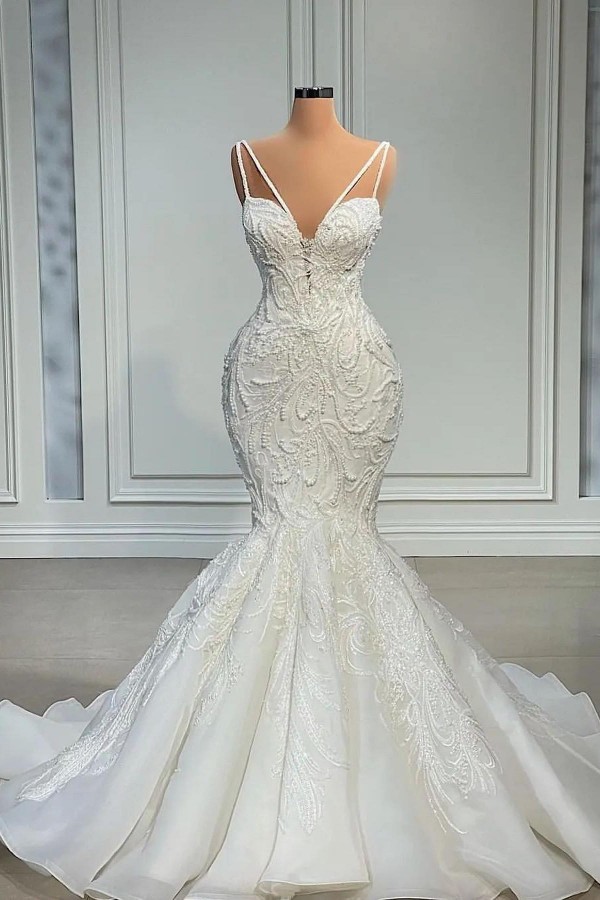 Modest Long Mermaid V-neck Lace Wedding Dresses with Beads