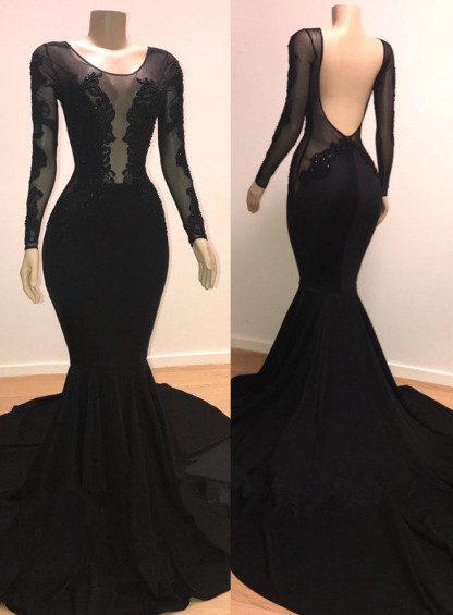 Stylish Long Mermaid Satin Backless Appliques Lace Prom Dresses with Sleeves - YESBABYONLINE