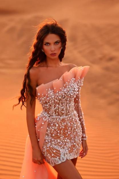 Exquisite Long Sleeves Strapless Short Sequined Tulle Mermaid Prom Dresses with Beads - YESBABYONLINE