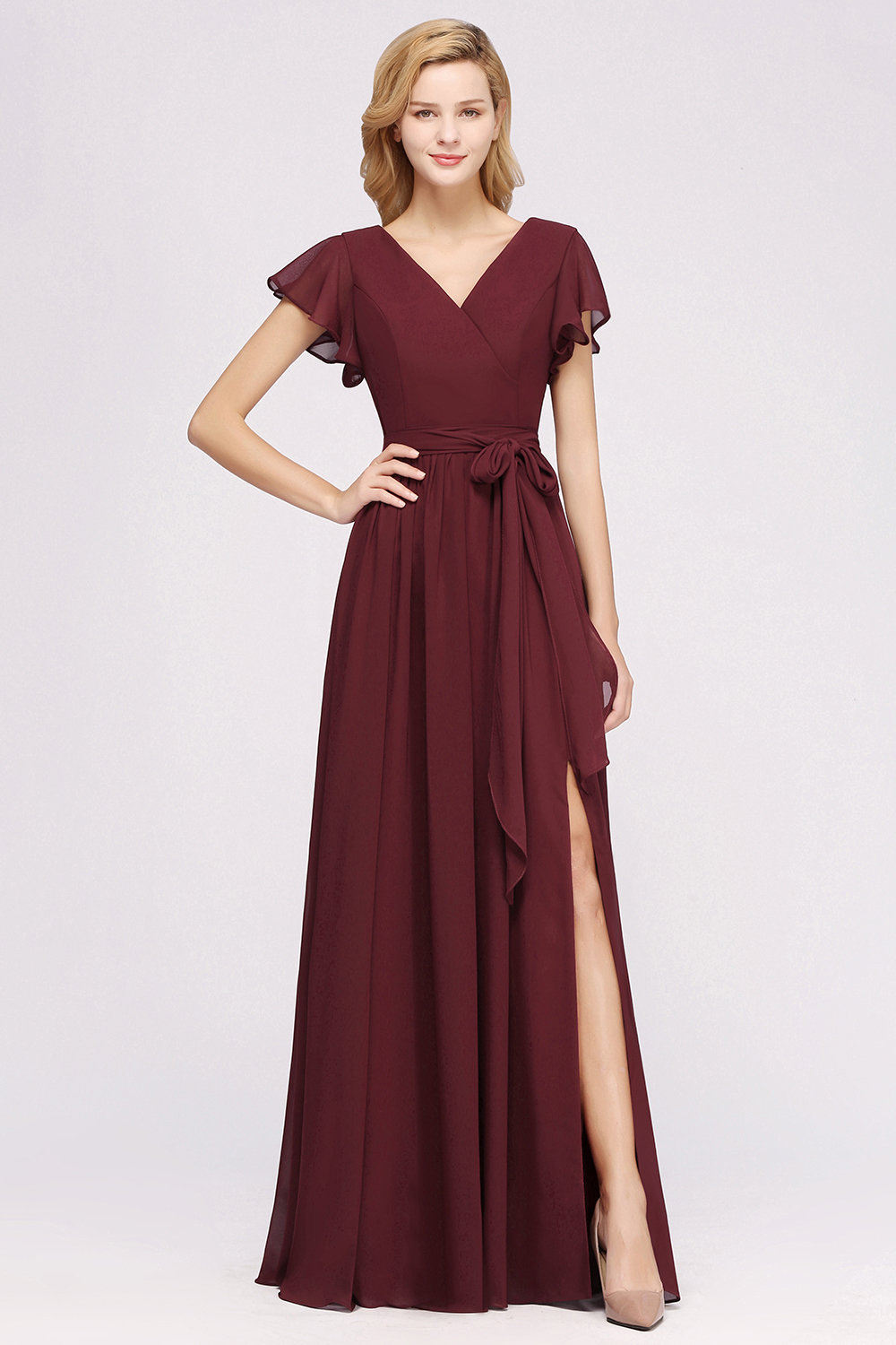 Elegant A-line V-Neck Short Sleeves Floor-Length Bridesmaid Dresses with Bow Sash - YESBABYONLINE