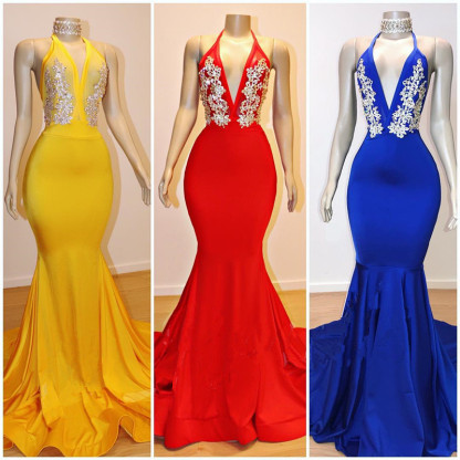 Long V-Neck Mermaid Appliques Lace Sleeveless Prom Dresses - YESBABYONLINE