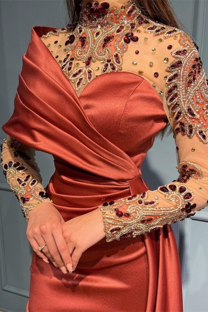 Elegant Long Mermaid One Shoulder Satin Tulle Lace Prom Dress with Sleeves - YESBABYONLINE