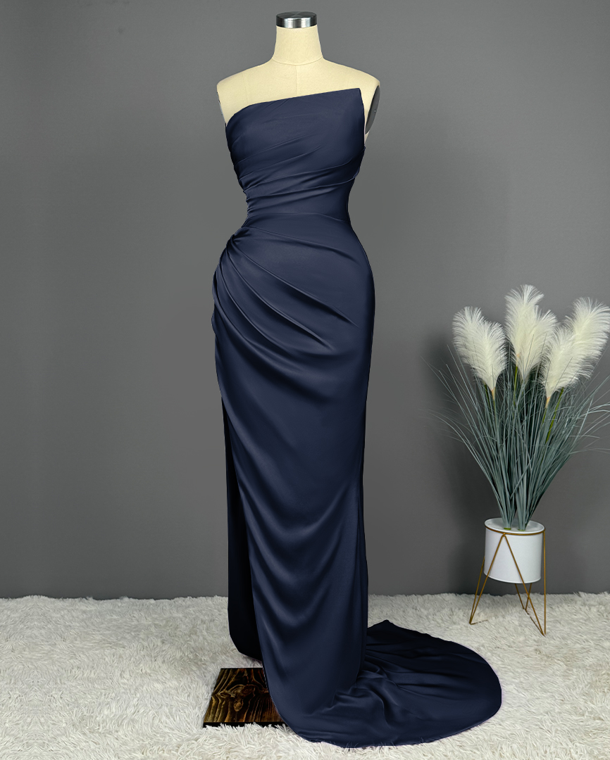Elegant Long Strapless Sleeveless Mermaid Satin Prom Dresses with Slit - YESBABYONLINE