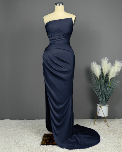 Elegant Long Strapless Sleeveless Mermaid Satin Prom Dresses with Slit - YESBABYONLINE