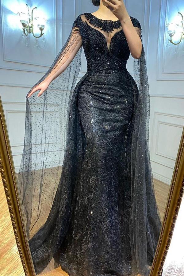 Chic Jewel Black Lace Mermaid Prom Dresses With Sleeveless - YESBABYONLINE