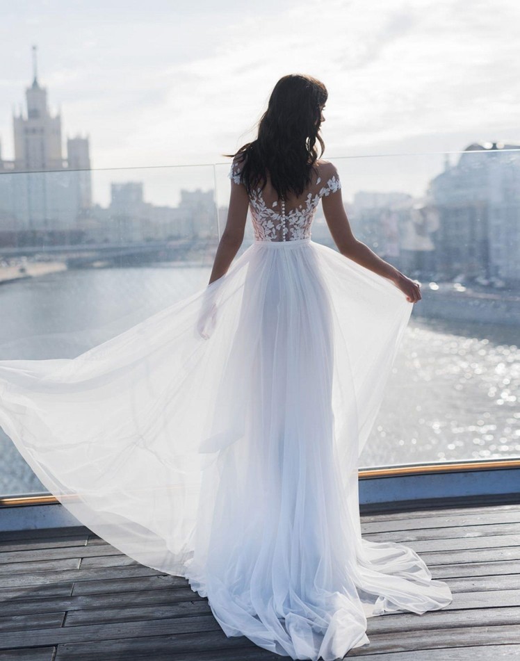 Long A-line Chiffon Sleeveless Floor-length Lace Wedding Dresses with Slit - YESBABYONLINE