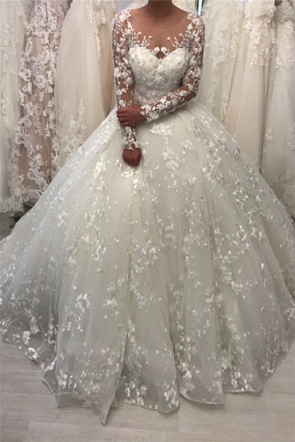 Long Ball Gown Round Neck Tulle Lace Wedding Dresses with Sleeves - YESBABYONLINE