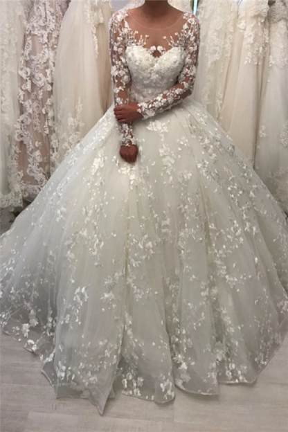 Long Ball Gown Round Neck Tulle Lace Wedding Dresses with Sleeves - YESBABYONLINE