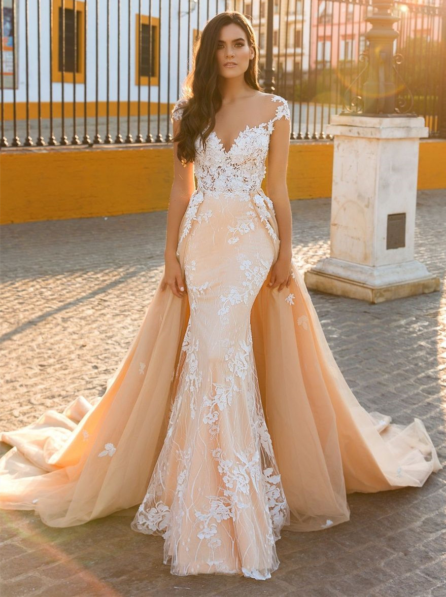 Long Mermaid Sweetheart Tulle Lace Backless Wedding Dress With Detachable Train - YESBABYONLINE
