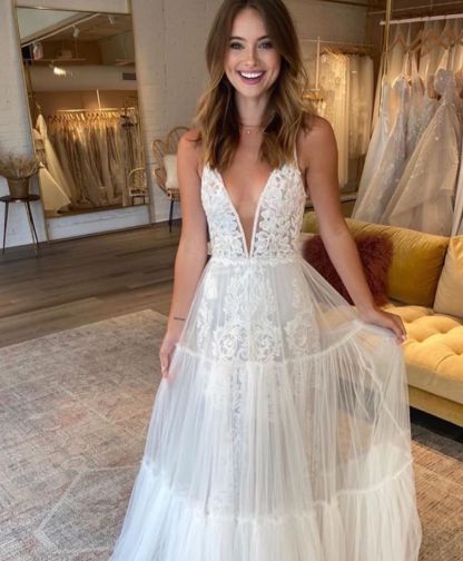 Simple Long Straps V Neck Applique Lace Tulle A Line Wedding Dresses - YESBABYONLINE