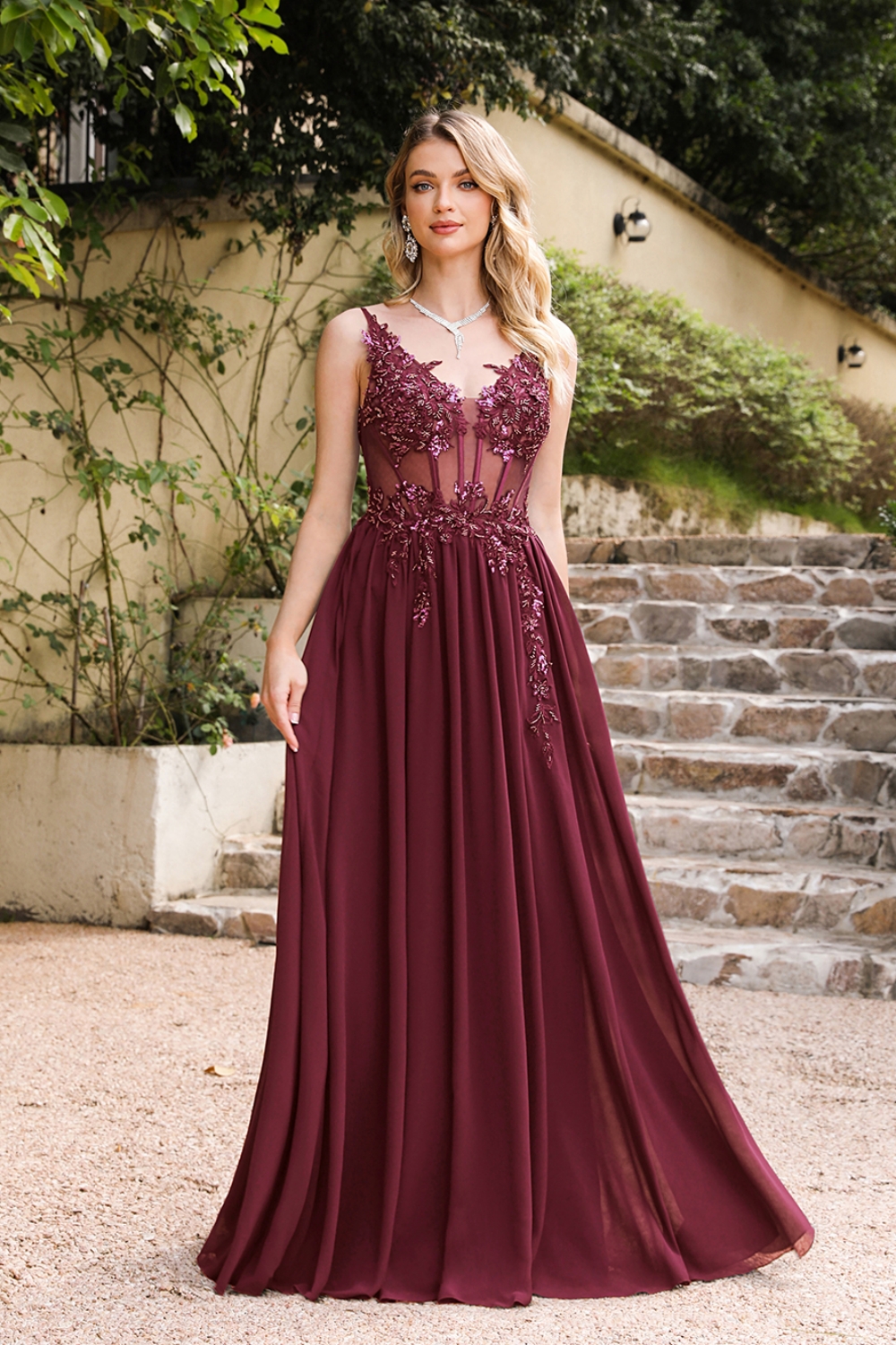 Chic Long A-Line Floor-Length Sleeveless V-Neck Chiffon Prom Dresses - YESBABYONLINE