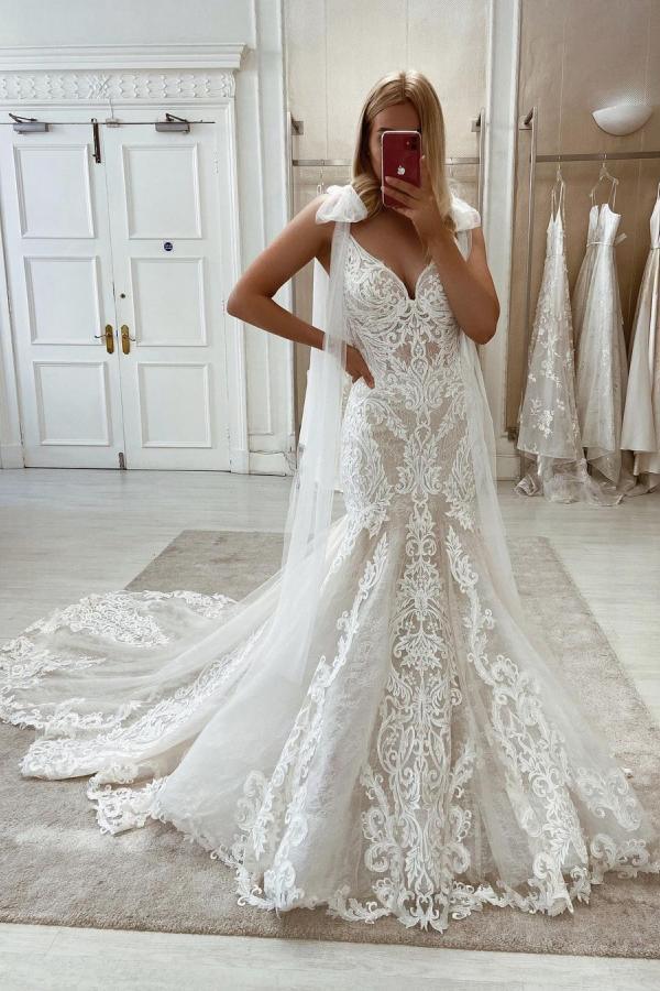 Long V Neck Sleeveless Tulle Lace Appliques Backless Mermaid Wedding Dresses - YESBABYONLINE