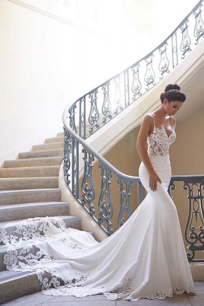 Sexy Long Mermaid Chiffon Lace Spaghetti Strap Backless Wedding Dress - YESBABYONLINE