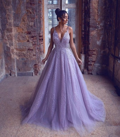 Long A-line V-neck Spaghetti Straps Tulle Appliques Lace Backless Evening Prom Dress - YESBABYONLINE