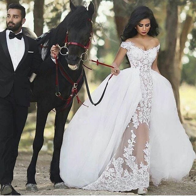 Glamorous White Long Mermaid Off the Shoulder Lace Tulle Wedding Dresses - YESBABYONLINE