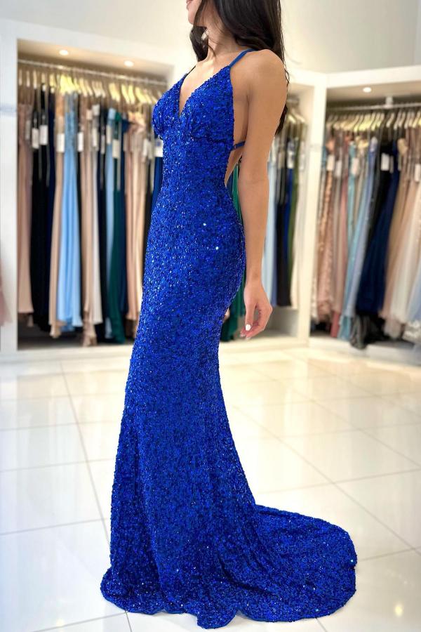 Chic Royal Blue Long Mermaid Sleeveless V-neck Spaghetti Straps Backless Prom Dress - YESBABYONLINE