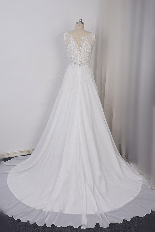 Elegant Long V-neck Chiffon A-Line Appliques Lace Wedding Dress - YESBABYONLINE
