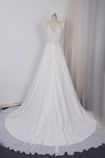 Elegant Long V-neck Chiffon A-Line Appliques Lace Wedding Dress - YESBABYONLINE