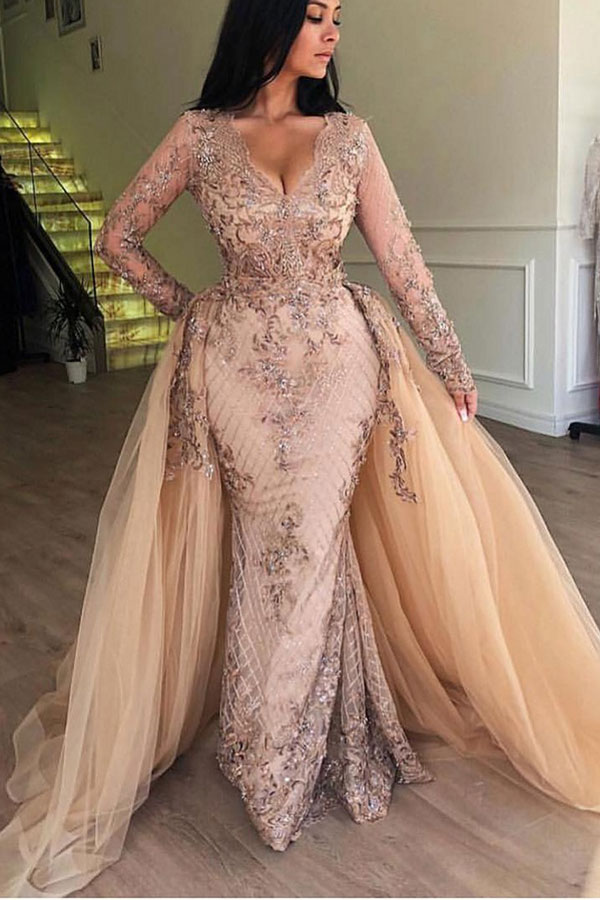 Elegant Long Sleeves Mermaid V-Neck Tulle Lace Prom Dress with Detachable Train - YESBABYONLINE