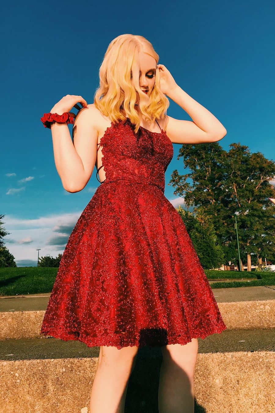 Lace-Up Back Short Gold Lace Homecoming Dress