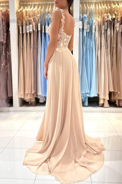 Elegant Long A-line Straps Sleeveless Lace Chiffon Prom Dress with Slit - YESBABYONLINE