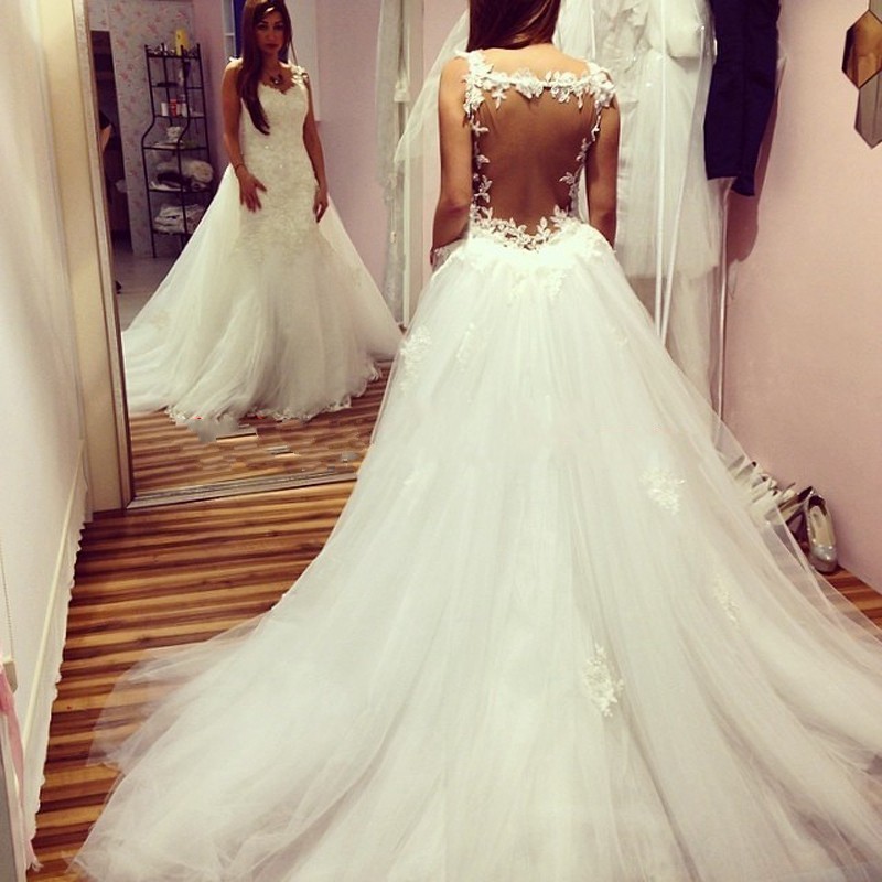 Long Mermaid Sweetheart Tulle Lace Open Back Wedding Dresses - YESBABYONLINE