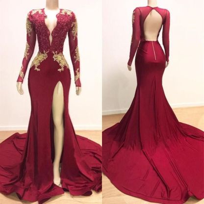 Long Mermaid V-neck Lace Appliques Split Backless Prom Dresses with Sleeves - YESBABYONLINE