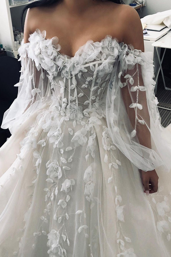 A-line Off the Shoulder Floor Length Tulle Wedding Dresses With Long Sleeves - YESBABYONLINE