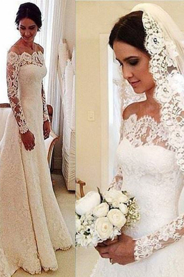 Lace Off-the-Shoulder Long Sleeves Glamorous A-line Wedding Dresses - YESBABYONLINE