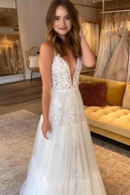 Simple Long Straps V Neck Applique Lace Tulle A Line Wedding Dresses - YESBABYONLINE