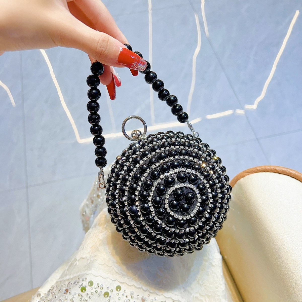 Cute and Petite Round Beaded Clutch Bag