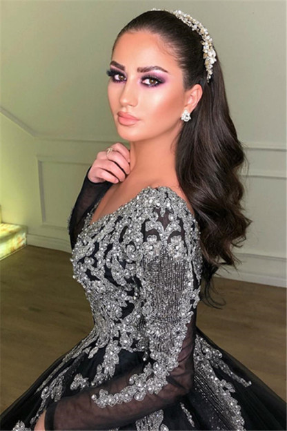 Long Sleeves V-Neck Appliques Lace Black Ball Gown Long Prom Dress - YESBABYONLINE