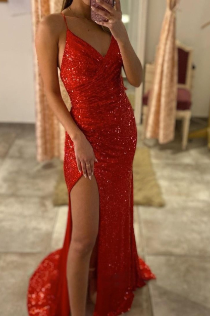 Gorgeous Long V-Neck Sleeveless Backless Sequined Mermaid Prom Dresses with Split - YESBABYONLINE
