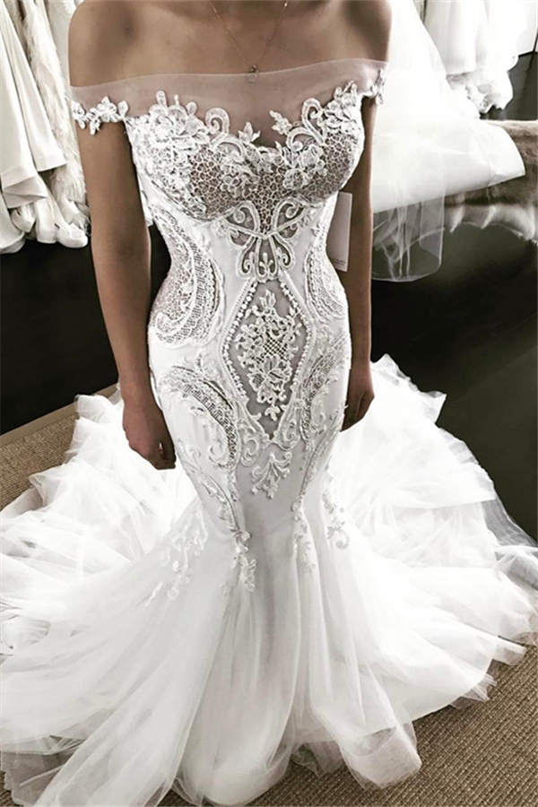 Sexy Long Off The Shoulder Tulle Applique Lace Mermaid Wedding Dresses - YESBABYONLINE