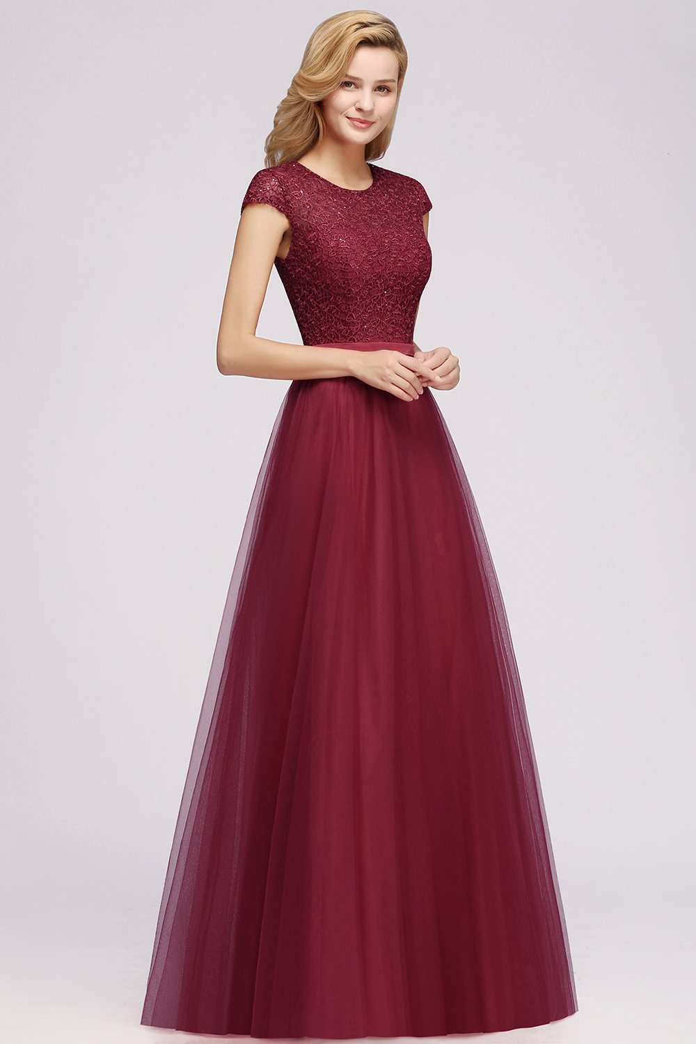 Long A-line Tulle Lace Bridesmaid Dress with Cap Sleeves - YESBABYONLINE