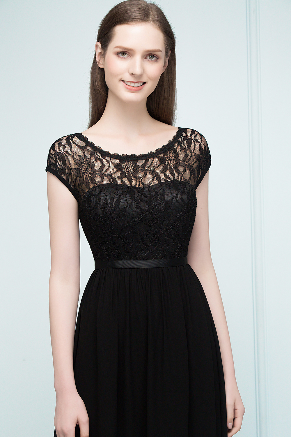 Long A Line Lace Floor Length Chiffon Bridesmaid Dresses - YESBABYONLINE