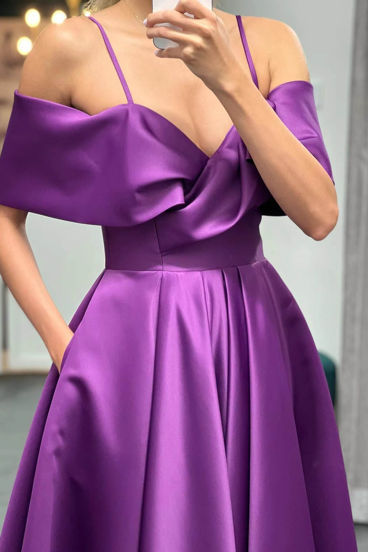 Long Off-The-Shoulder Floor-Length Spaghetti Straps A-Line Satin Prom Dresses with Pockets - YESBABYONLINE