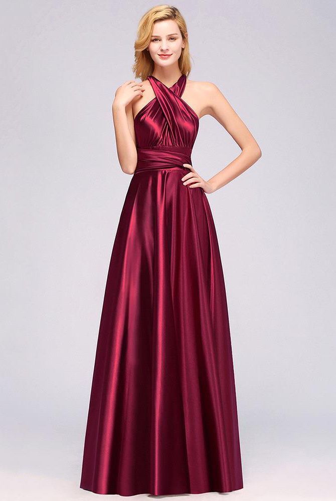 Elegant Long Burgundy Satin One Shoulder Bridesmaid Dresses - YESBABYONLINE