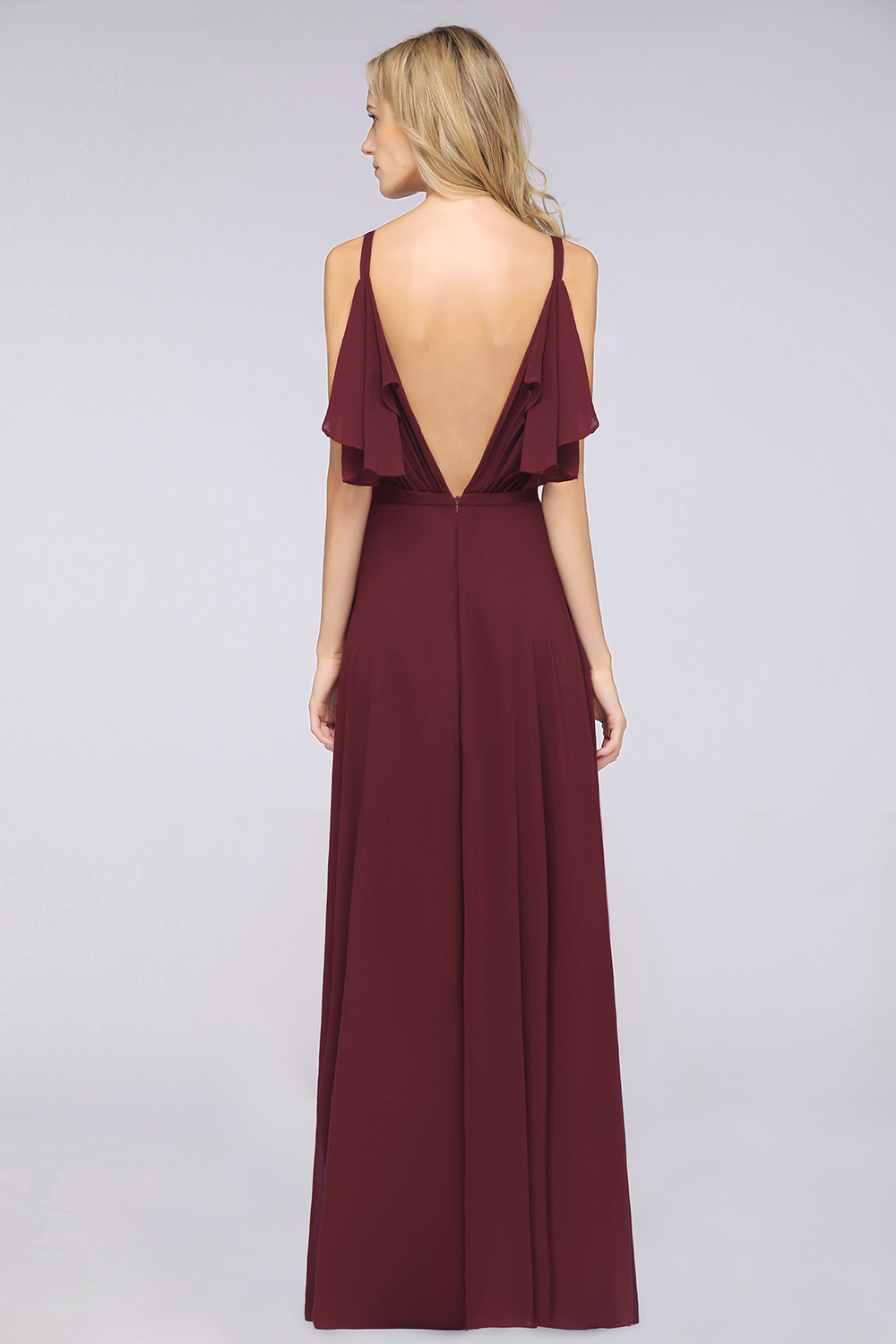 Long A Line V Neck Straps Sleeveless Ruffles Floor Length Backless Bridesmaid Dress - YESBABYONLINE