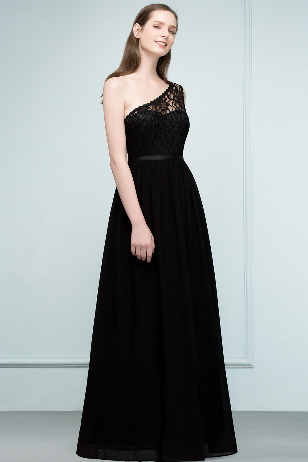 Long A Line One shoulder Floor Length Lace Chiffon Bridesmaid Dress - YESBABYONLINE