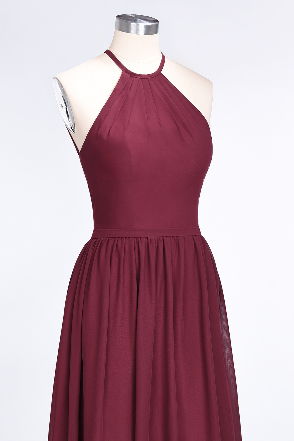 Long A Line Halter Sleeveless Floor Length Chiffon Bridesmaid Dress with Ruffles - YESBABYONLINE