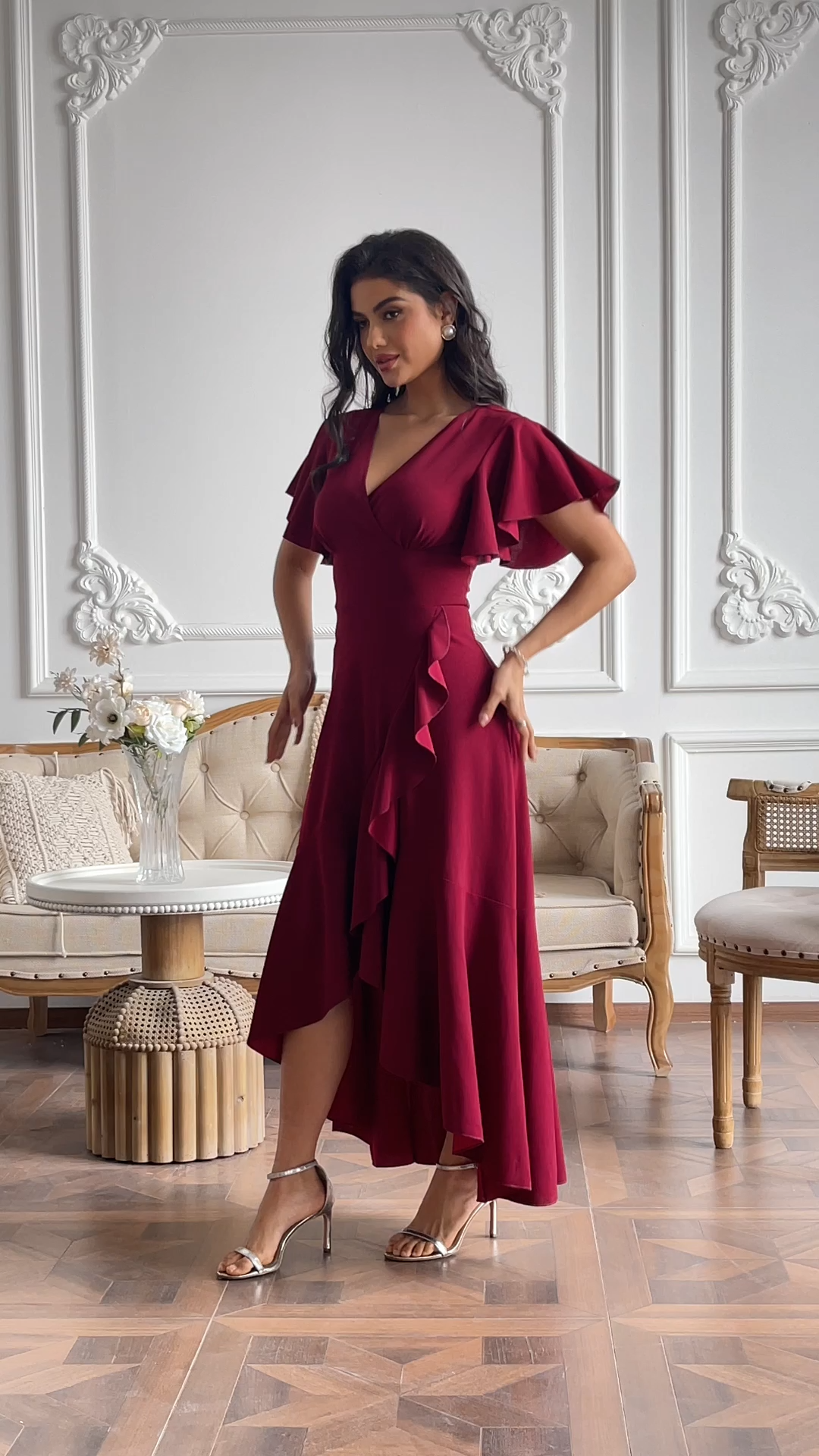 High Low A-line V-neck Chiffon Burgundy Wedding Guest Dresses