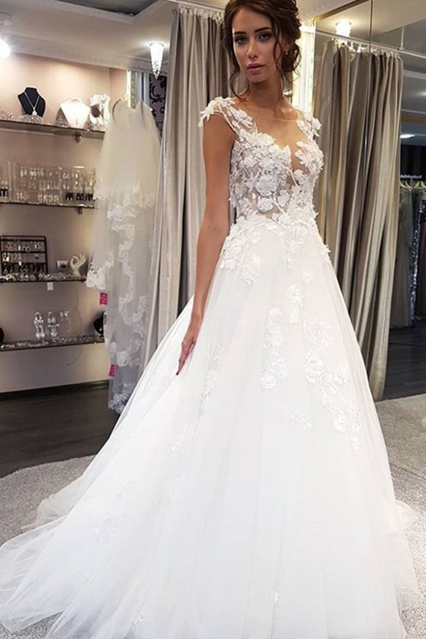Elegant Long Tulle Sleeveless A Line Backless Wedding Dresses With Appliques Lace - YESBABYONLINE