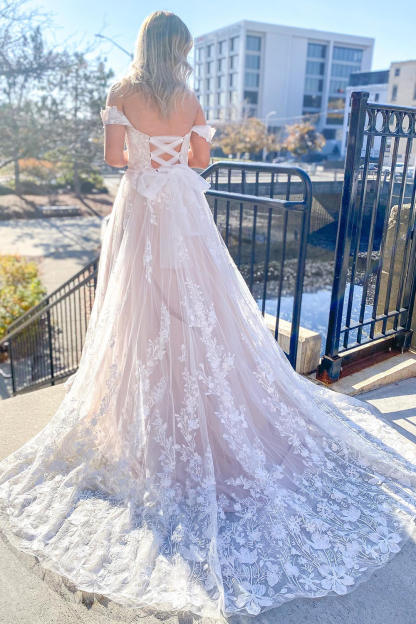 Charming Long A-line Appliques Lace Off the Shoulder Tulle Wedding Dress - YESBABYONLINE