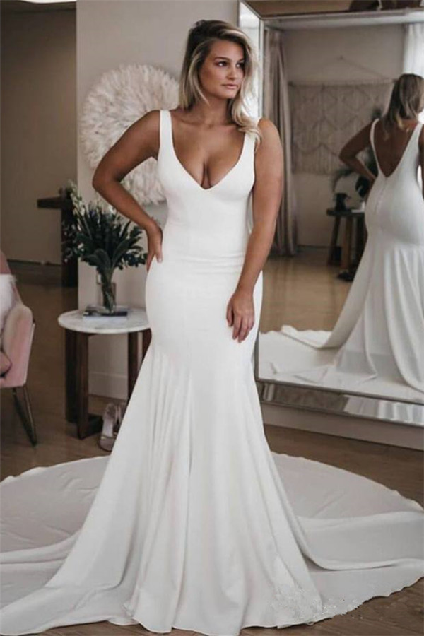 Long Mermaid Sweetheart Satin Appliques Lace Backless Wedding Dresses - YESBABYONLINE