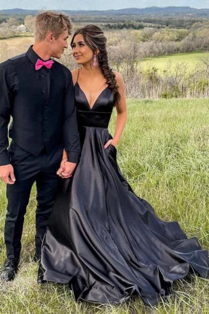 Elegant Black Long V-neck Satin Spaghetti Straps A-Line Prom Dress With Pockets - YESBABYONLINE
