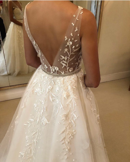 Long A-line V-neck Tulle Applique Lace Backless Wedding Dresses - YESBABYONLINE