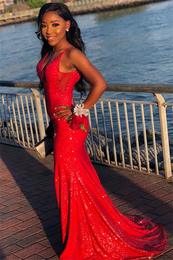 Gorgeous Red Long Sequins Mermaid Spaghetti Straps V-neck Prom Dresses - YESBABYONLINE