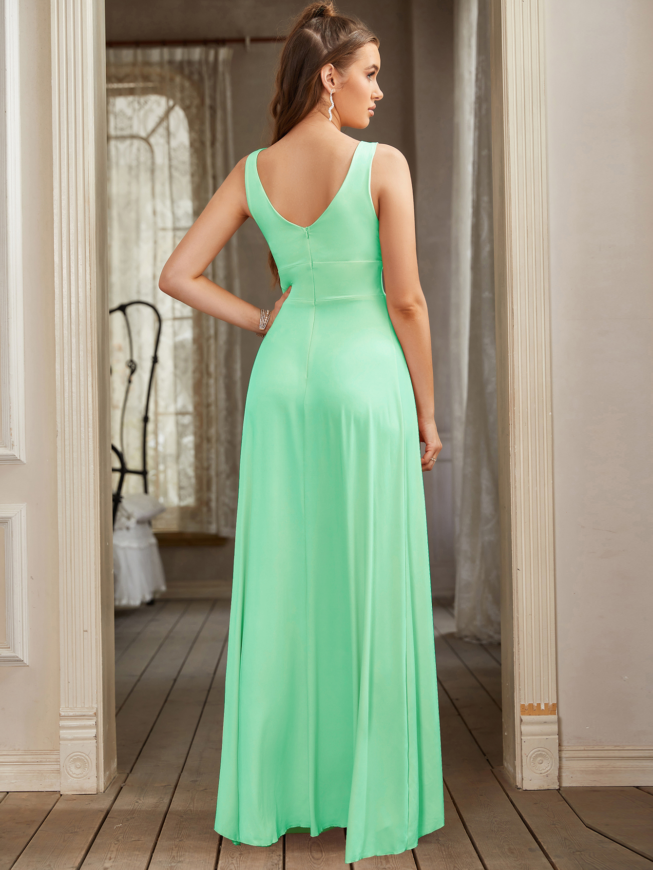 Elegant Long V-neck A-line Bridesmaid Dress with Split - YESBABYONLINE