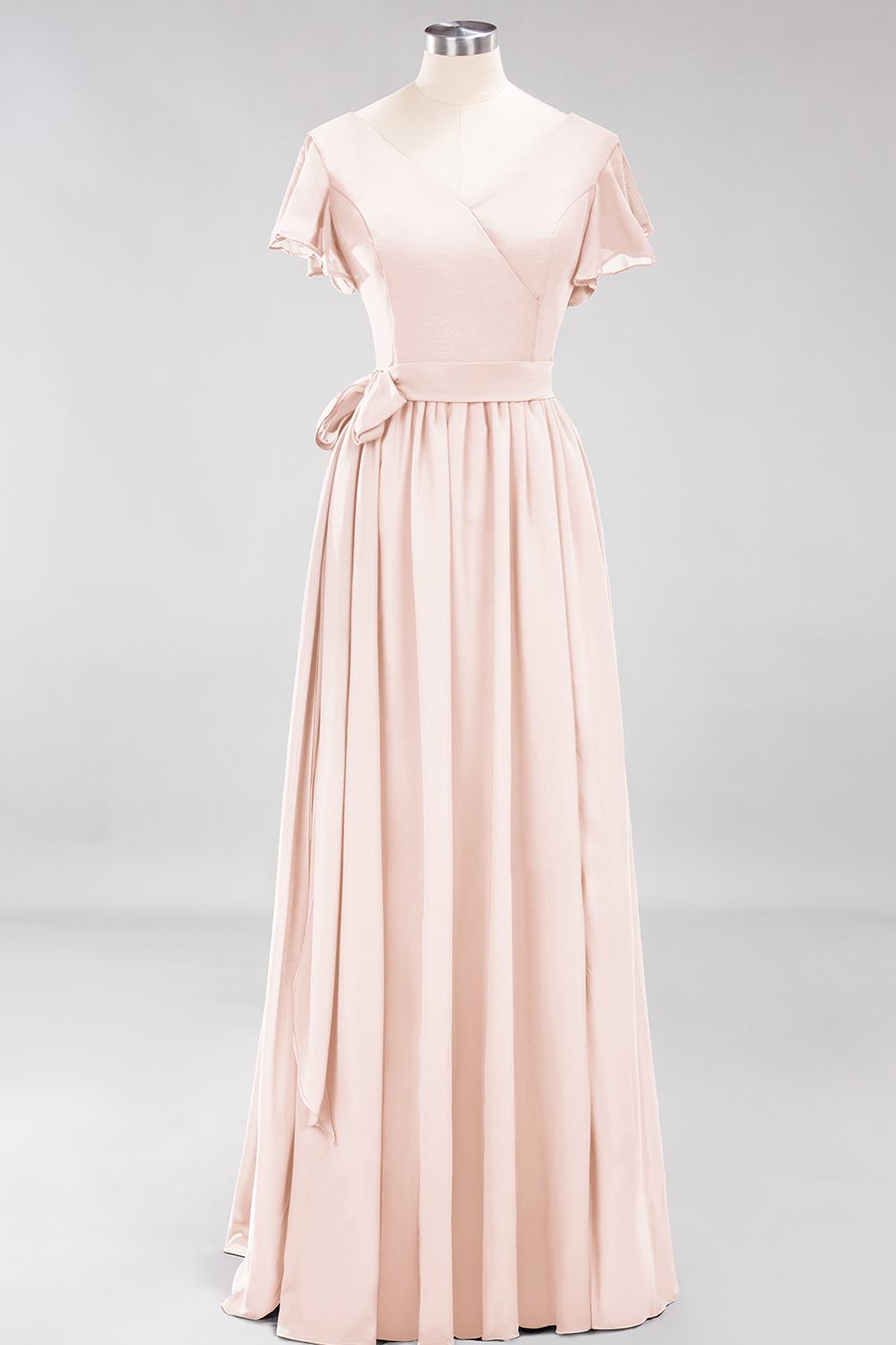 Elegant A-line V-Neck Short Sleeves Floor-Length Bridesmaid Dresses with Bow Sash - YESBABYONLINE